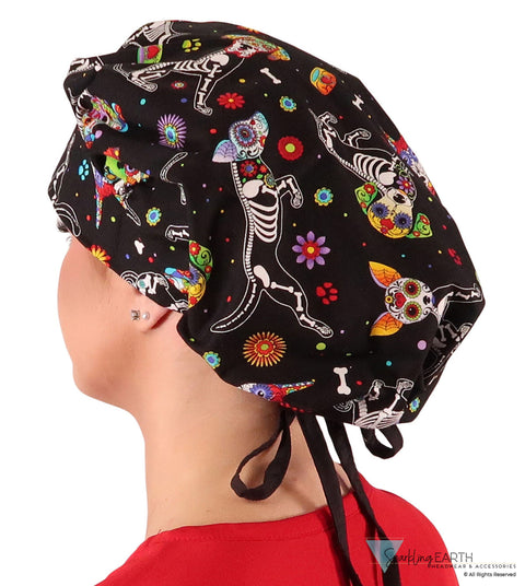 Stylish American Made Banded Bouffant Ponytail Scrub Cap - X - Ray Dogs with Black Ties Designer Banded Bouffant