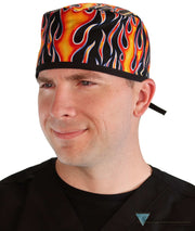 Surgical Cap - Hot Rod Flames With Black Ties Scrub Caps