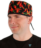 Surgical Cap - Mixed Chili Peppers On Black W/Black Ties Scrub Caps