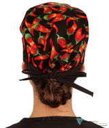 Surgical Cap - Mixed Chili Peppers On Black W/Black Ties Scrub Caps