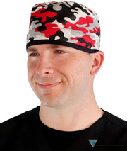 Surgical Cap - Red Grey Black & White Camouflage With Ties Scrub Caps