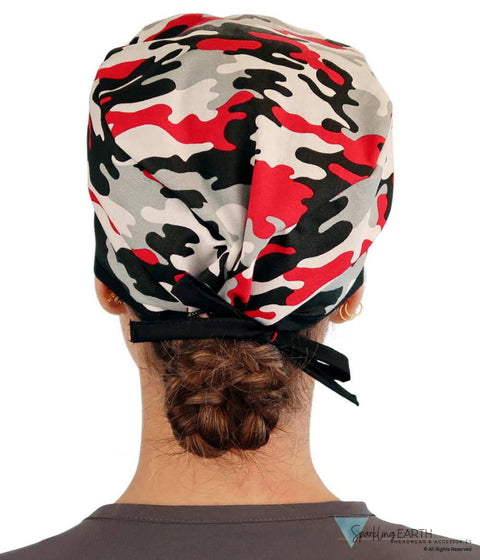 Surgical Cap - Red Grey Black & White Camouflage With Ties Scrub Caps