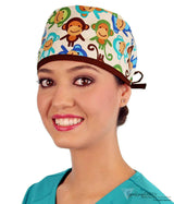 Surgical Cap - Tossed Monkeys With Brown Ties Scrub Caps