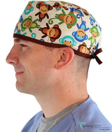 Surgical Cap - Tossed Monkeys With Brown Ties Scrub Caps