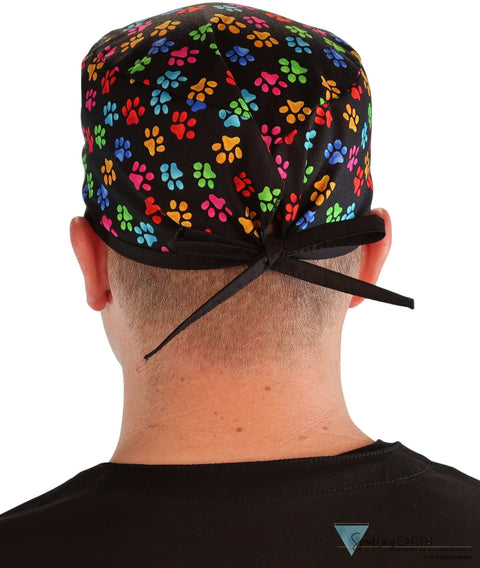 Surgical Scrub Cap - Multi Color Paws With Black Ties Caps
