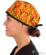 Surgical Scrub Cap - Raw Flames With Black Ties Caps