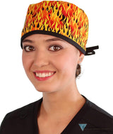 Surgical Scrub Cap - Raw Flames With Black Ties Caps