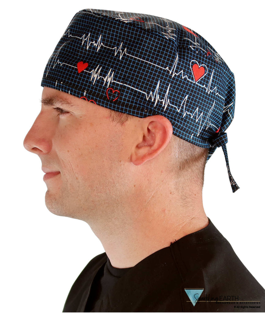 Classic Cotton Surgical Scrub Cap - American-Made with Sweatband - Heartbeats on Navy Surgical Scrub Caps