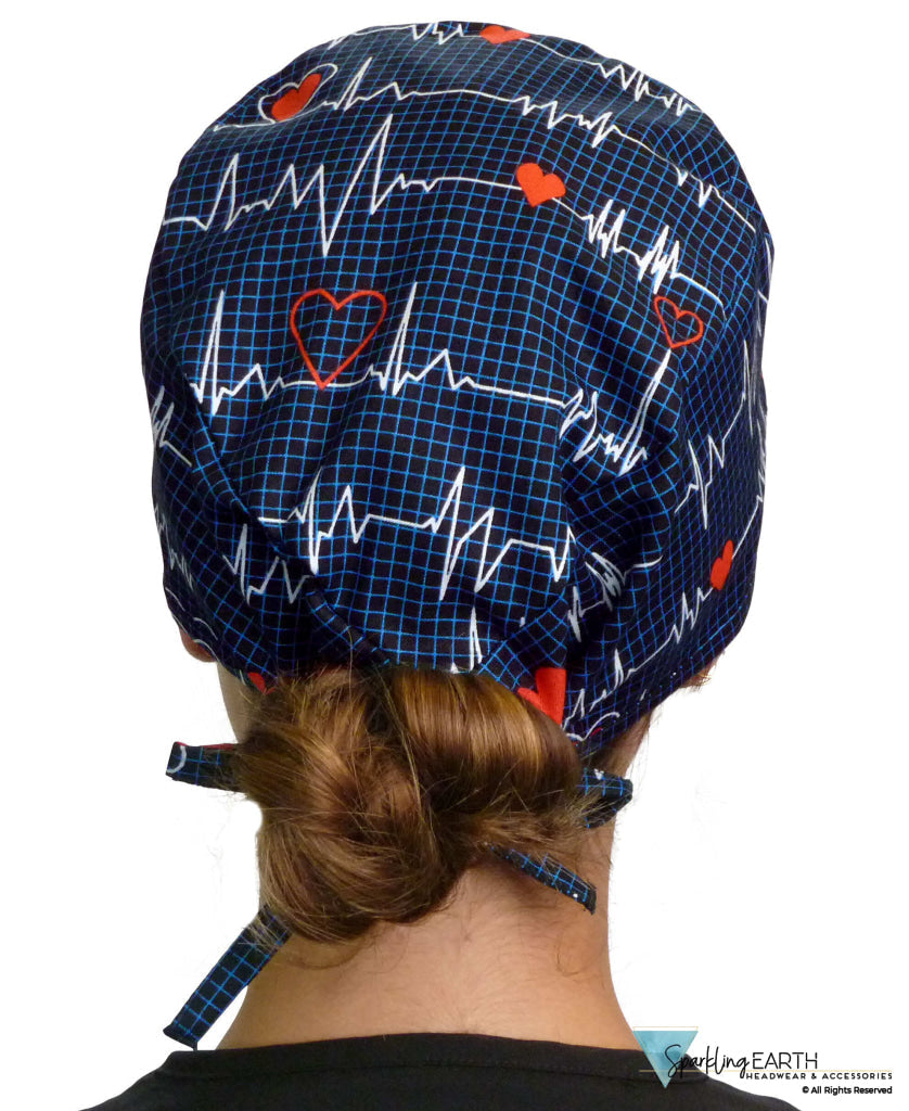 Classic Cotton Surgical Scrub Cap - American-Made with Sweatband - Heartbeats on Navy Surgical Scrub Caps