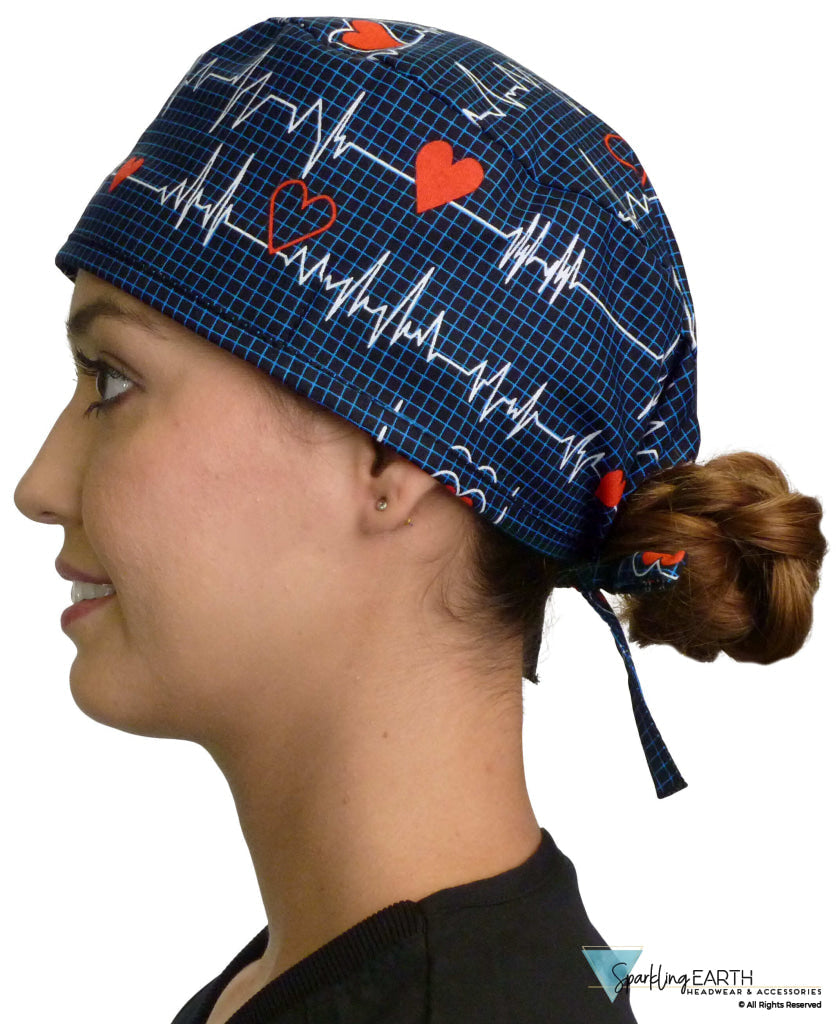 Classic Cotton Surgical Scrub Cap - American-Made with Sweatband - Heartbeats on Navy Surgical Scrub Caps