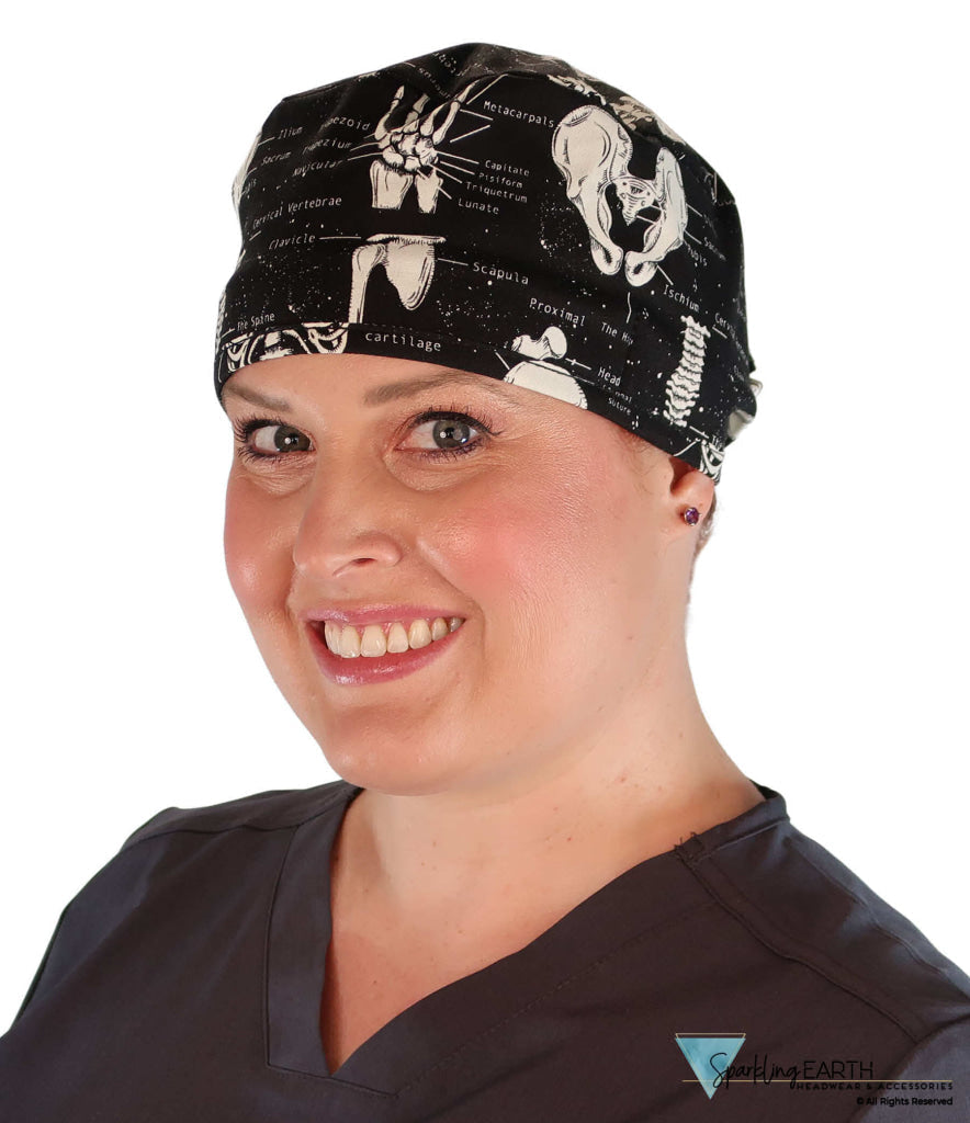 Classic Cotton Surgical Scrub Cap - American-Made with Sweatband - Human Body Skeleton  (Glow in the Dark) - Surgical Scrub Caps - Sparkling EARTH