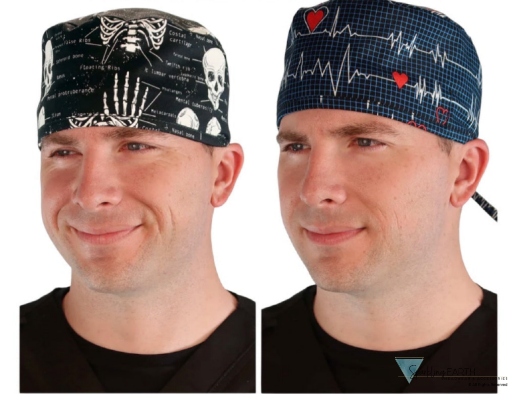 Two Piece Bundle of Heartbeats on Navy and Human Body Skeletons Unisex Surgical Style Scrub Cap - 100% Cotton - Made in