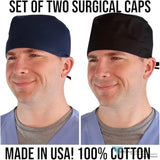 Two Piece Bundle of Solid Black and Navy Blue Unisex Surgical Style Scrub Cap - 100% Cotton - Made in The USA! Surgical