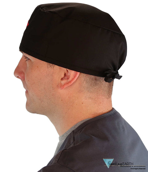 American-Made Cotton Surgical Scrub Cap with Unique Flair - Black Cap with Red Caduceus Patch SALE-Fall-2025