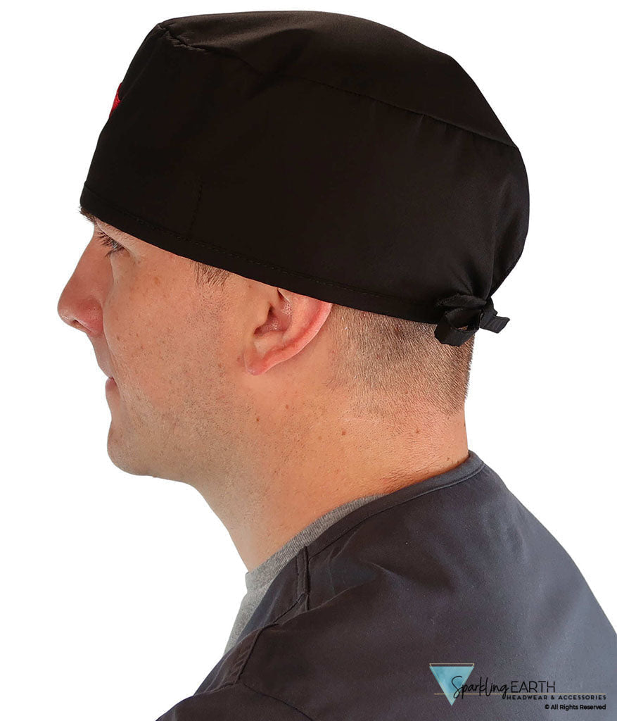 American-Made Cotton Surgical Scrub Cap with Unique Flair - Black Cap with Red Caduceus Patch SALE-Fall-2025