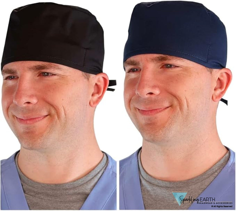 Two Piece Bundle of Solid Black and Navy Blue Unisex Surgical Style Scrub Cap 100% Cotton Made in The USA! Surgical