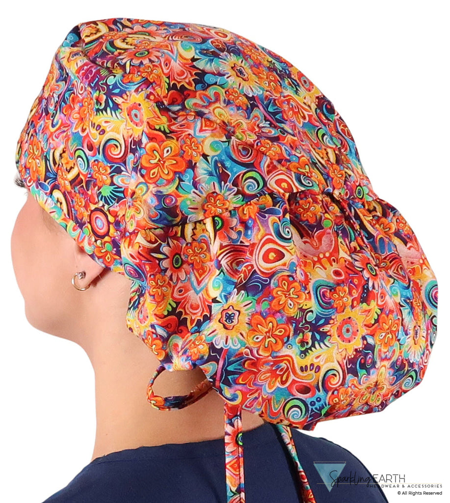 Big Hair Ponytail Surgical Scrub Cap - Scrub Cap for Long Hair - Floral Fury Big Hair Surgical Scrub Caps