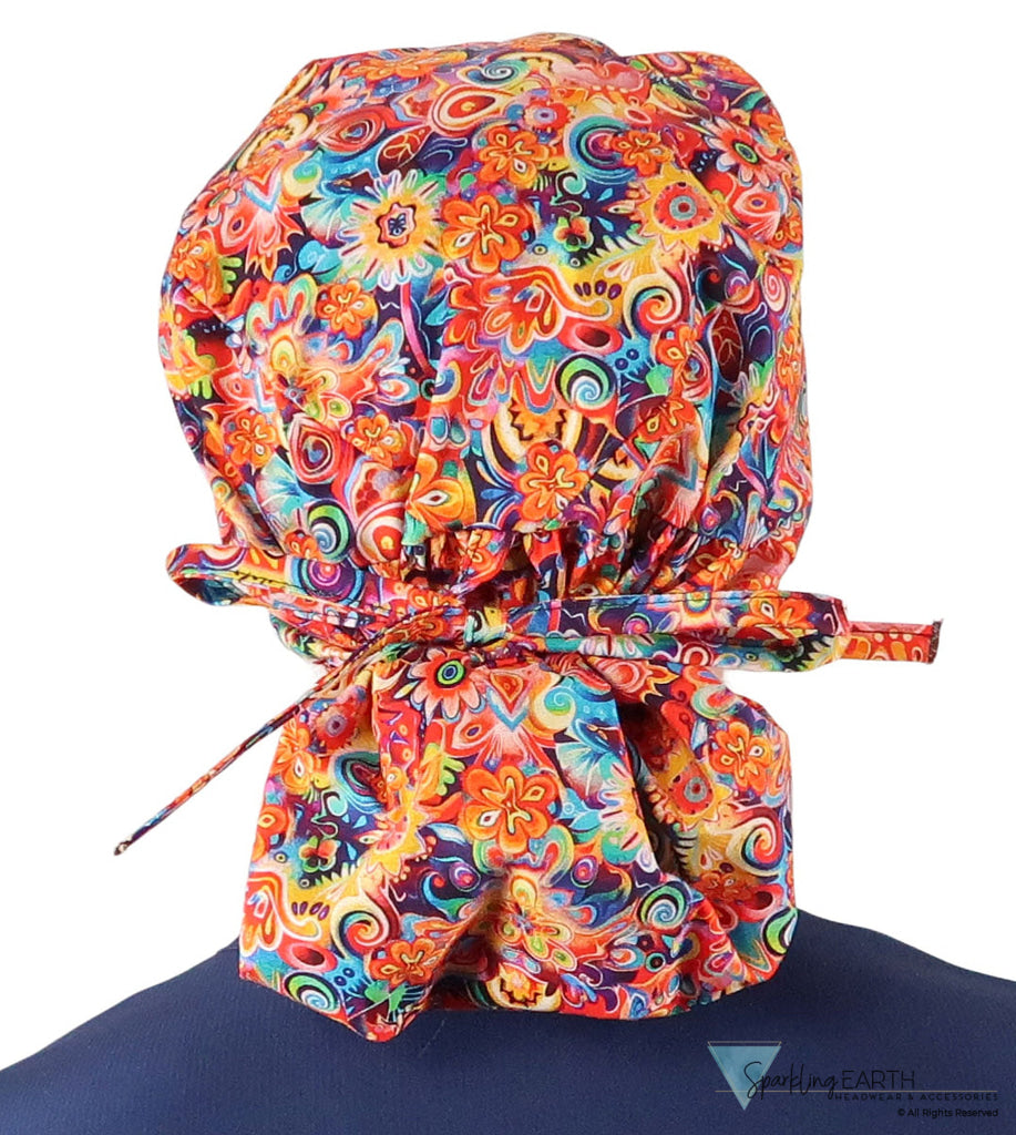 Big Hair Ponytail Surgical Scrub Cap - Scrub Cap for Long Hair - Floral Fury Big Hair Surgical Scrub Caps