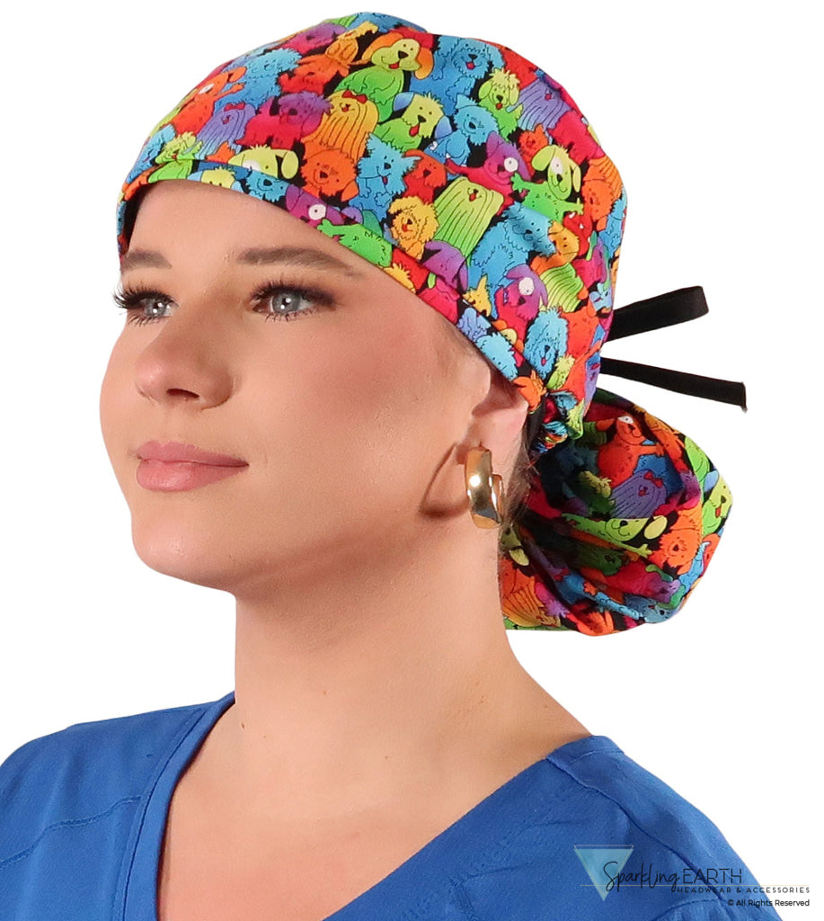 Big Hair Ponytail Surgical Scrub Cap - Perfect Scrub Cap for Long Hair - Prismatic Pooch Party with Black Ties Big Hair