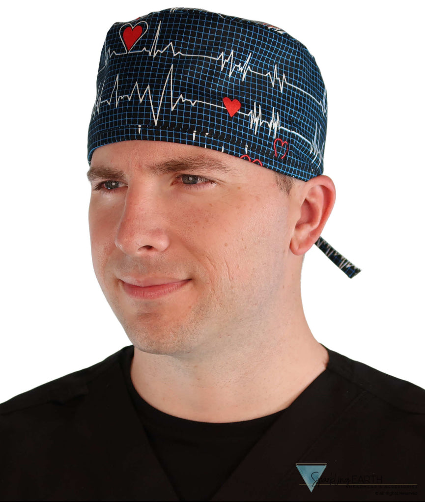 Man Facing Forward Wearing a Classic  Scrub Cap with Heartbeats on Navy Pattern 