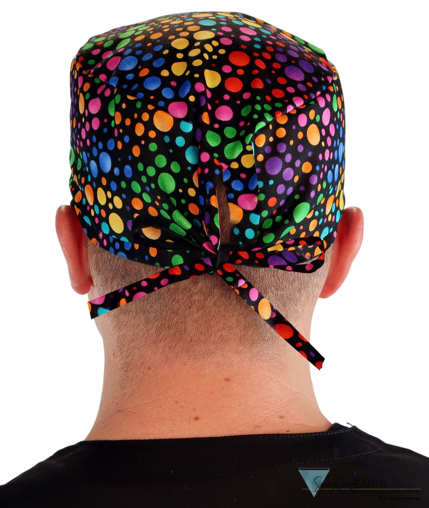 Classic Cotton Surgical Scrub Cap - American-Made with Sweatband - Multi Color Dots with Black Ties Classic Surgical