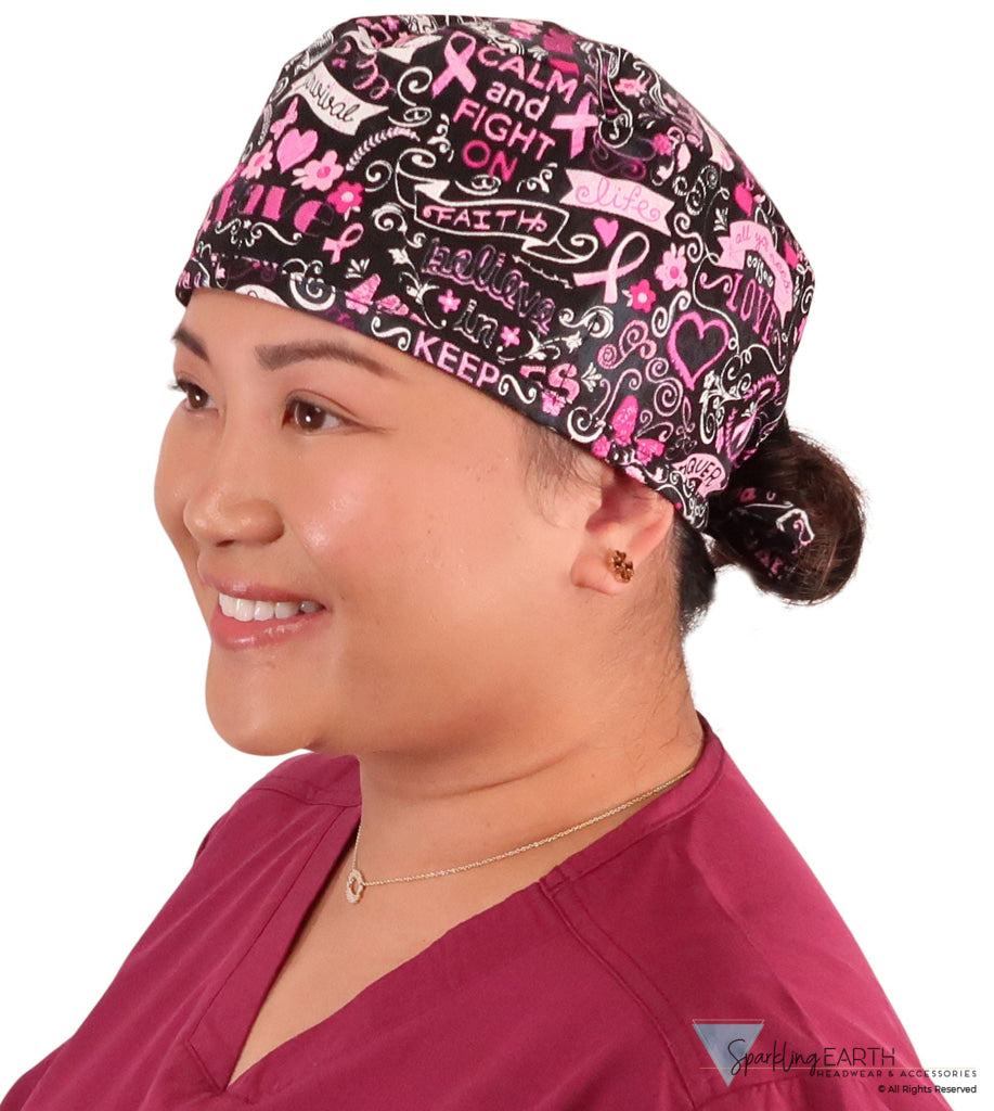 Classic Cotton Surgical Scrub Cap - American-Made with Sweatband - Pink Ribbon Collage on Black SALE-Fall-2025