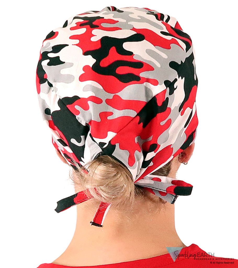Classic Cotton Surgical Scrub Cap - American-Made with Sweatband - Red Grey Black & White Camouflage Classic Surgical