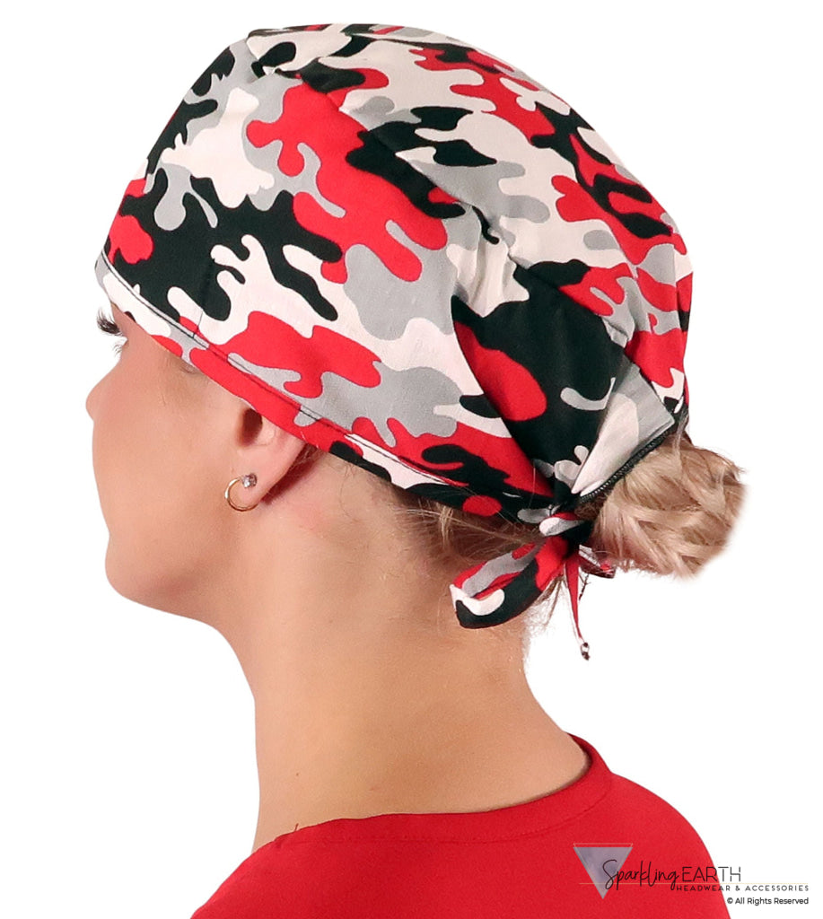 Classic Cotton Surgical Scrub Cap - American-Made with Sweatband - Red Grey Black & White Camouflage Classic Surgical
