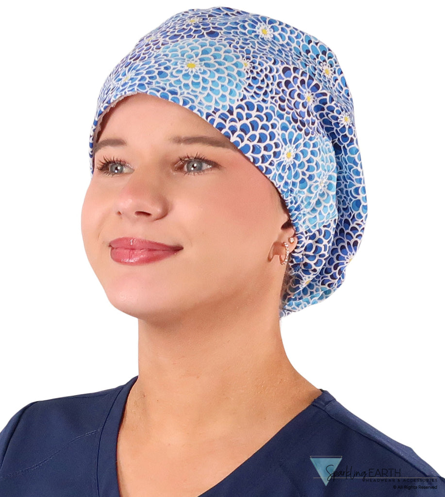 Euro Style Riley Comfort Scrub Cap - American Made - Blue Dahlia Dreams Riley Comfort Scrub Caps
