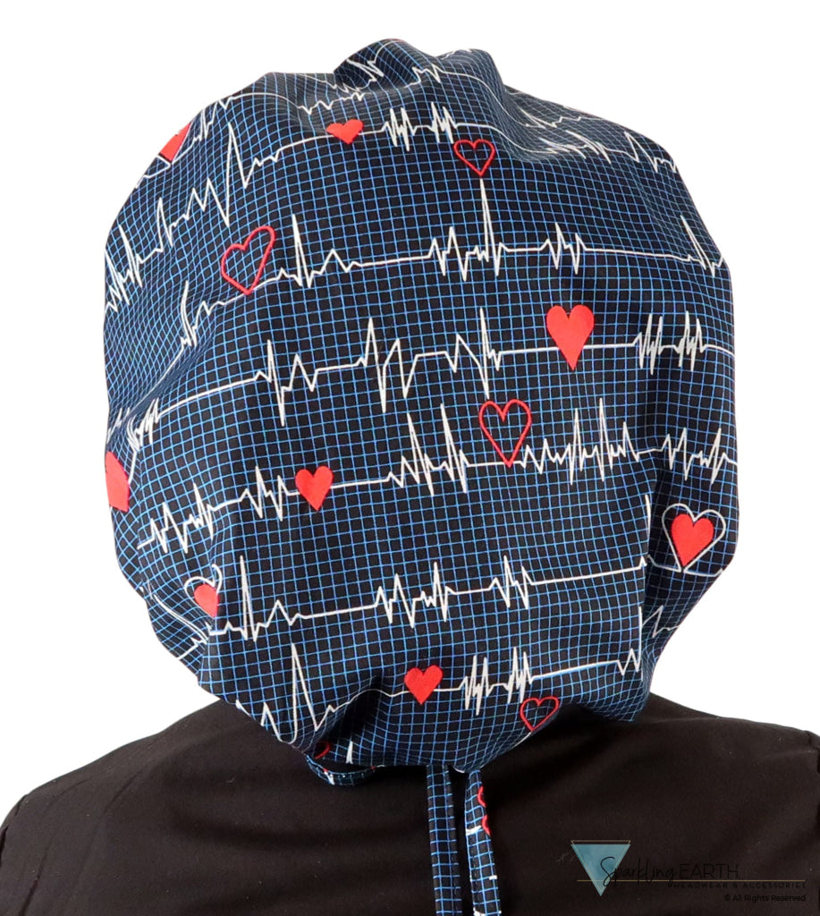 Stylish American Made Banded Bouffant Ponytail Scrub Cap - Heartbeats on Navy SALE-Fall-2025