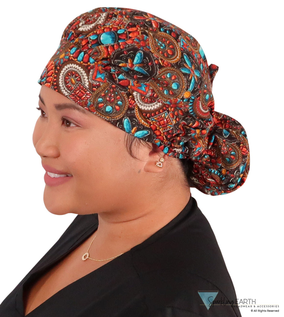 Stylish American Made Banded Bouffant Ponytail Scrub Cap - Indian Jewelry Coral SALE-Fall-2025