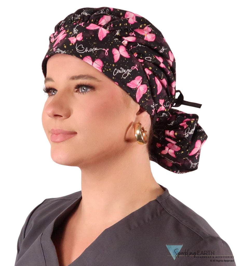 Banded Bouffant Ponytail Scrub Caps Wings of Hope (Pink Ribbons) with Black Ties Banded Bouffant Surgical Scrub Caps